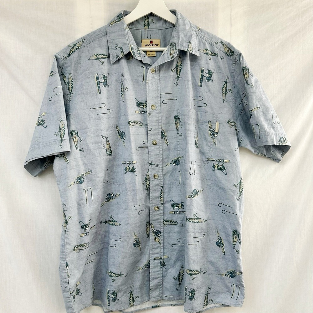 Woolrich Men's Large Cotton Shirt Button Down Fly Fishing All Over Print Blue